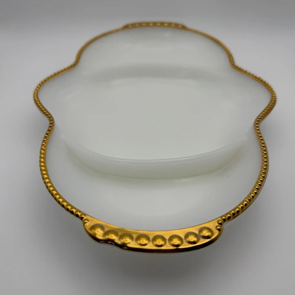 Fire King Milk Glass Divided Relish Tray‎ Gold Beaded Rim Scalloped Vintage 11
